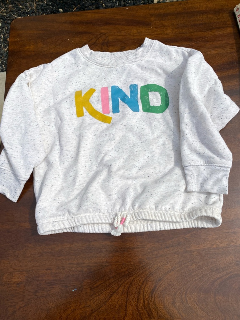 Old Navy White Sweatshirt with Yellow Pink Blue and Green "KIND" Lettering